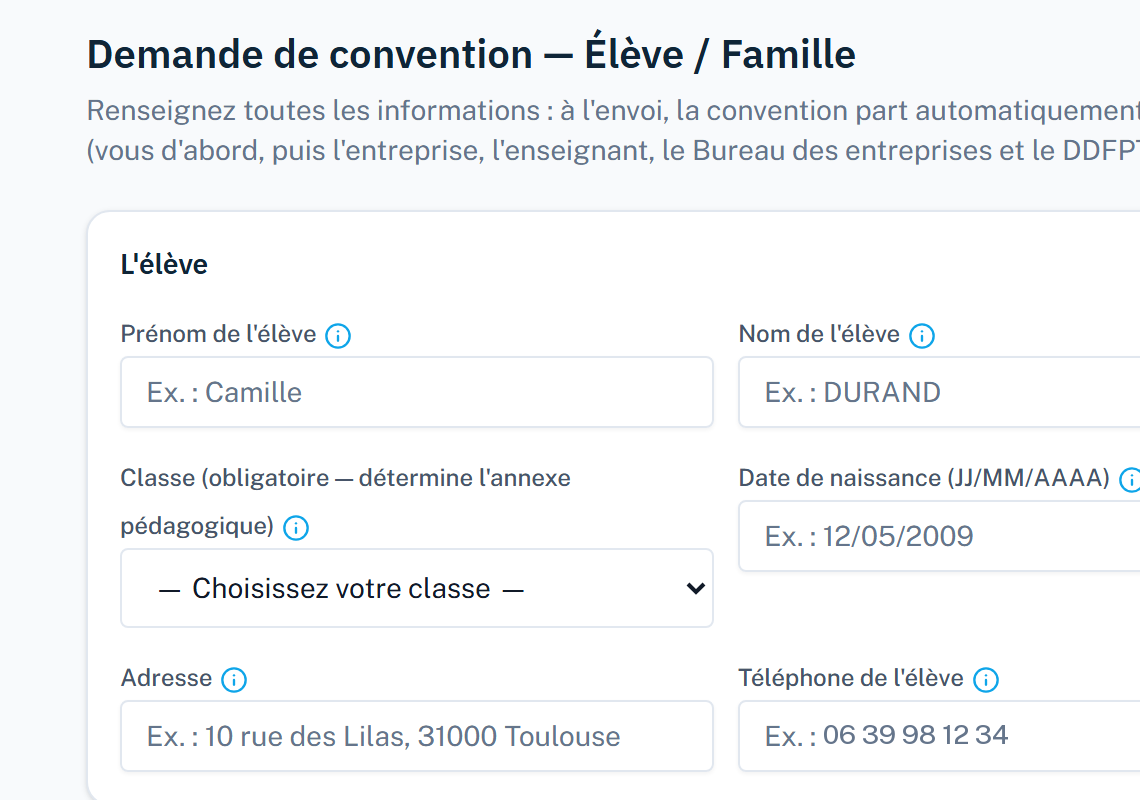 Formulaire : identité de l'élève