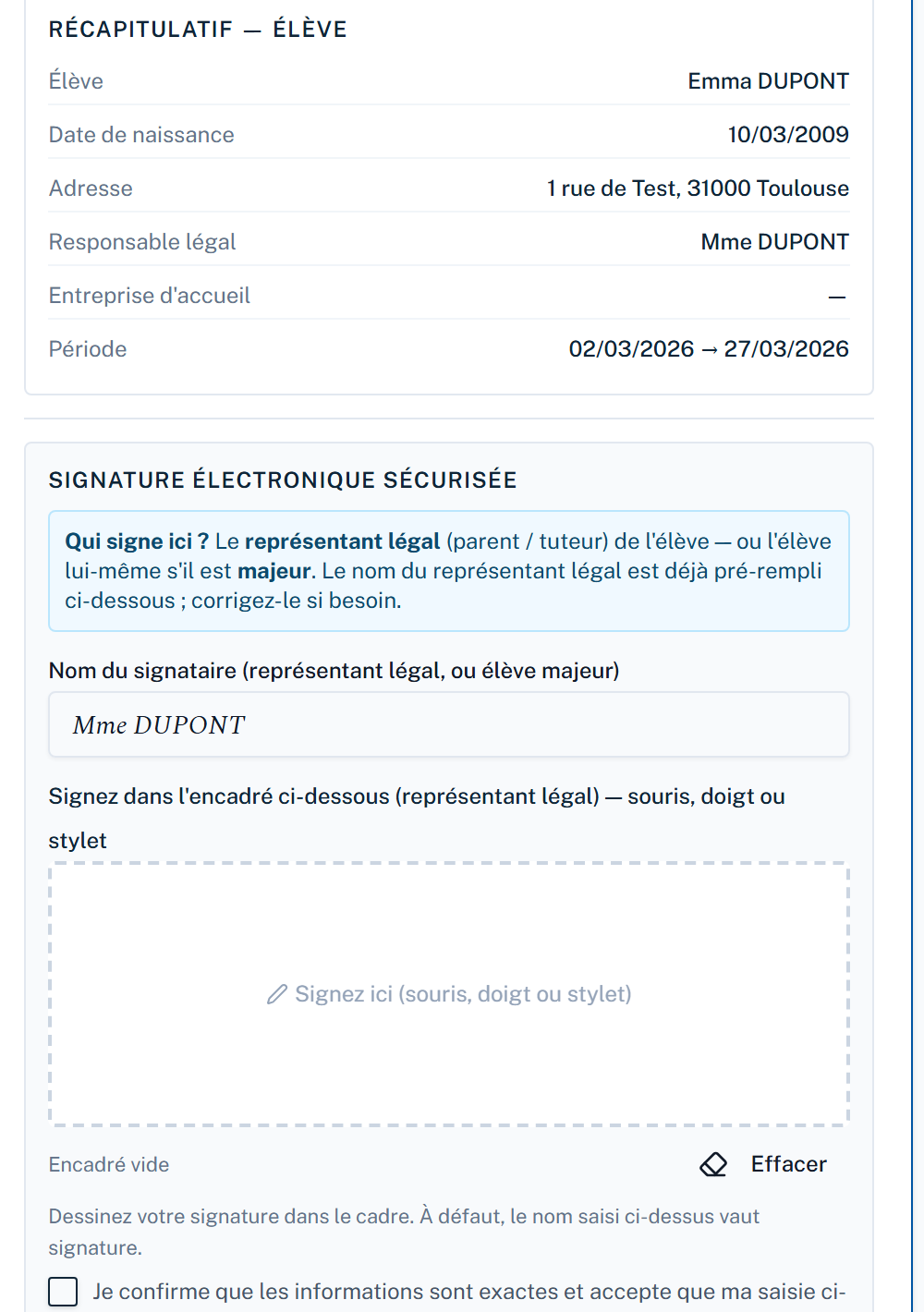 Page de signature de la famille