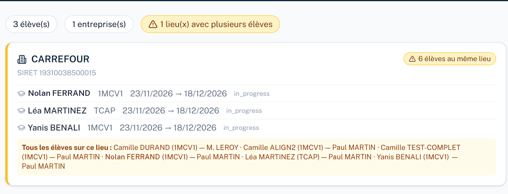 Tableau de bord enseignant
