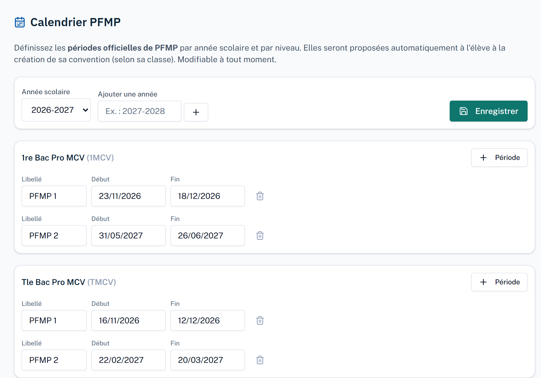 Calendrier des périodes de PFMP