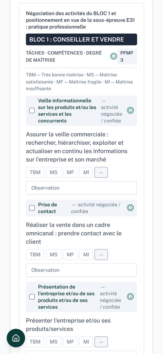 Application Évaluation ouverte sur un téléphone : écran du bilan de fin de période sur un dossier de démonstration, avec le bloc de compétences « Conseiller et vendre » et les quatre degrés de maîtrise MI, MF, MS et TBM.